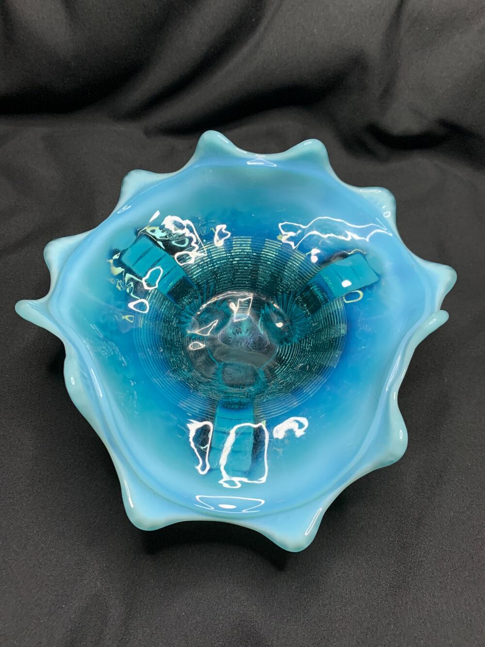 Antique Northwood Klondyke Blue Opalescent Fluted Scroll Footed Bowl